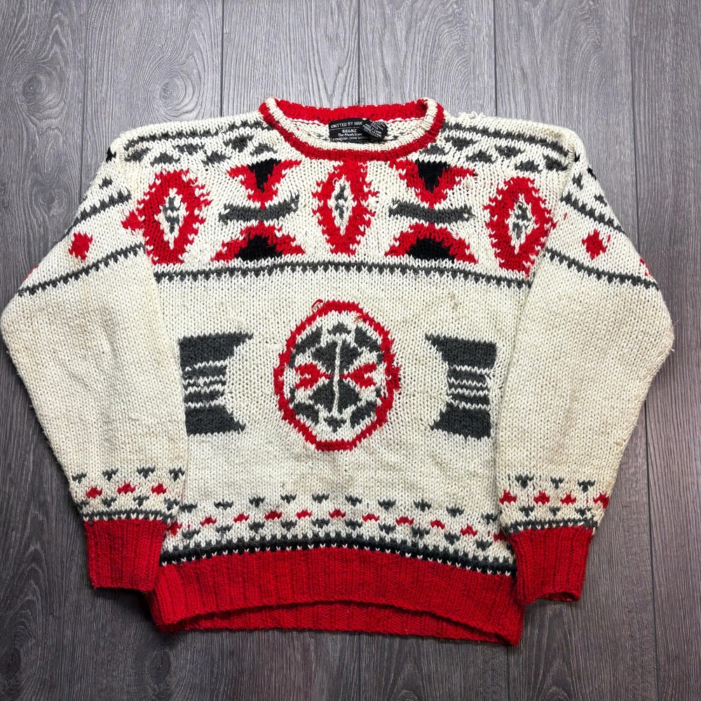 Vintage Sears Aztec 1980s Hand Knit Sweater Cream Red Medium Baggy